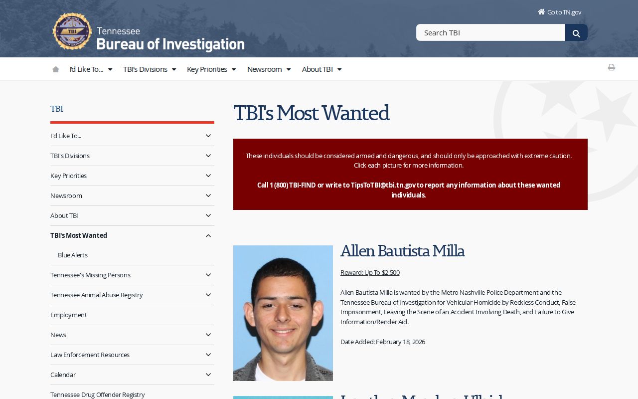 Marion County most wanted: TBI program header and criteria