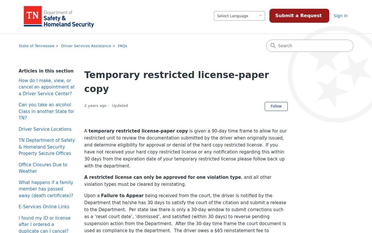 Marion County traffic warrant: Tennessee Driver Services FTA notice